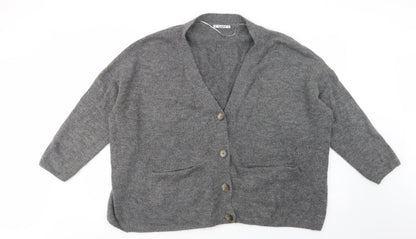 Preloved Pull & Bear Womens Grey V-Neck  Acrylic Cardigan Jumper Size L - Front