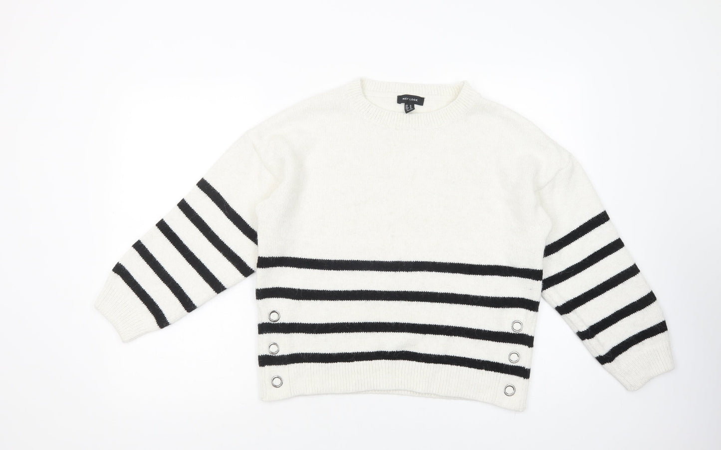 New Look Womens White Crew Neck Striped Acrylic Pullover Jumper Size M