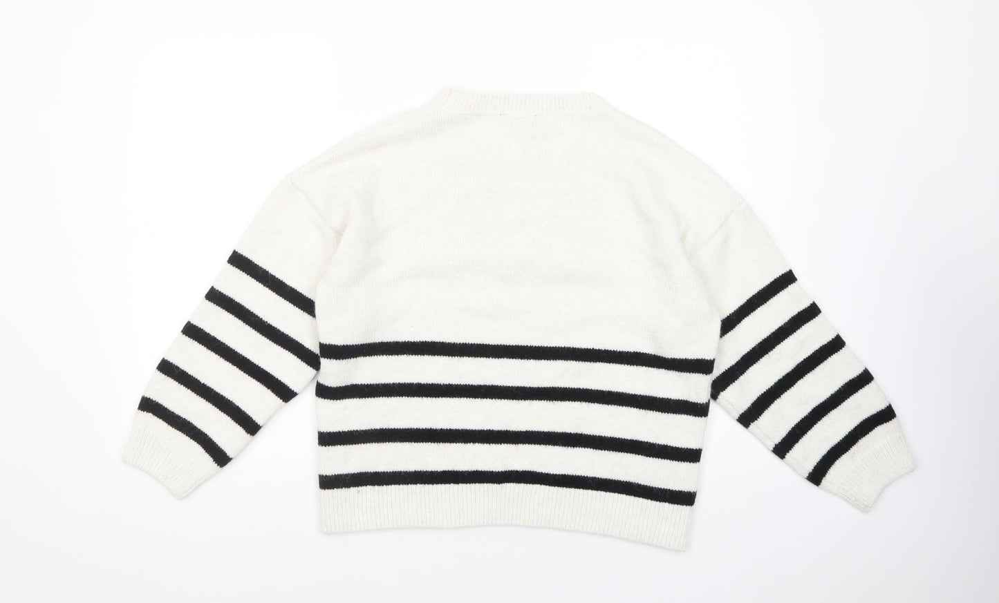 New Look Womens White Crew Neck Striped Acrylic Pullover Jumper Size M
