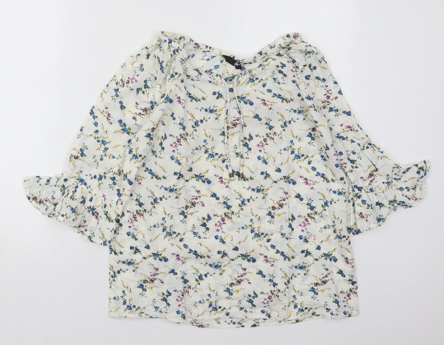 Fig Womens White Floral Cotton Basic Blouse Size S Boat Neck