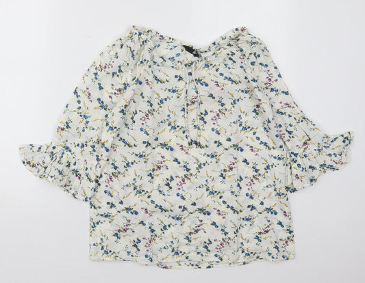 Preloved Fig Womens White Floral Cotton Basic Blouse Size S Boat Neck - Front