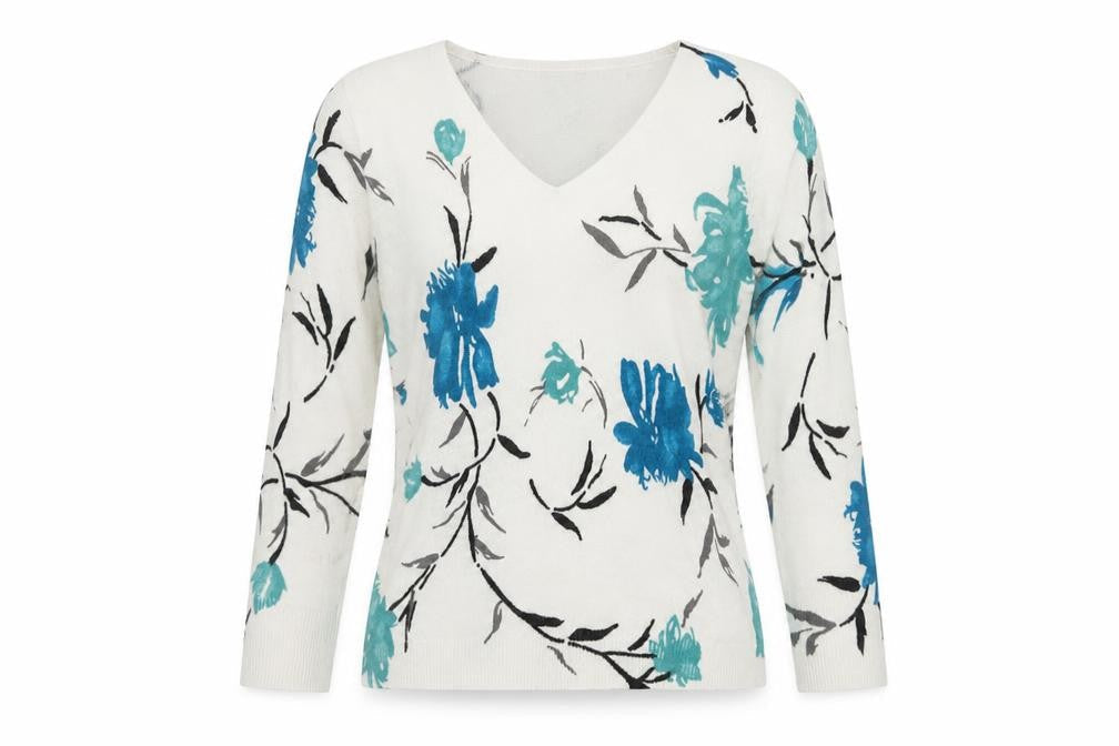 M&Co Womens White V-Neck Floral Acrylic Pullover Jumper Size S