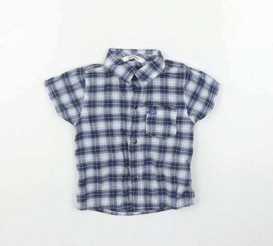 3 Pommes Boys Blue Plaid Cotton Basic Button-Up Size 12 Months Collared Snap
