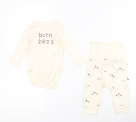 H&M Baby Beige  100% Cotton Dress Set Outfit/Set Size 0-3 Months  Snap - Sheep