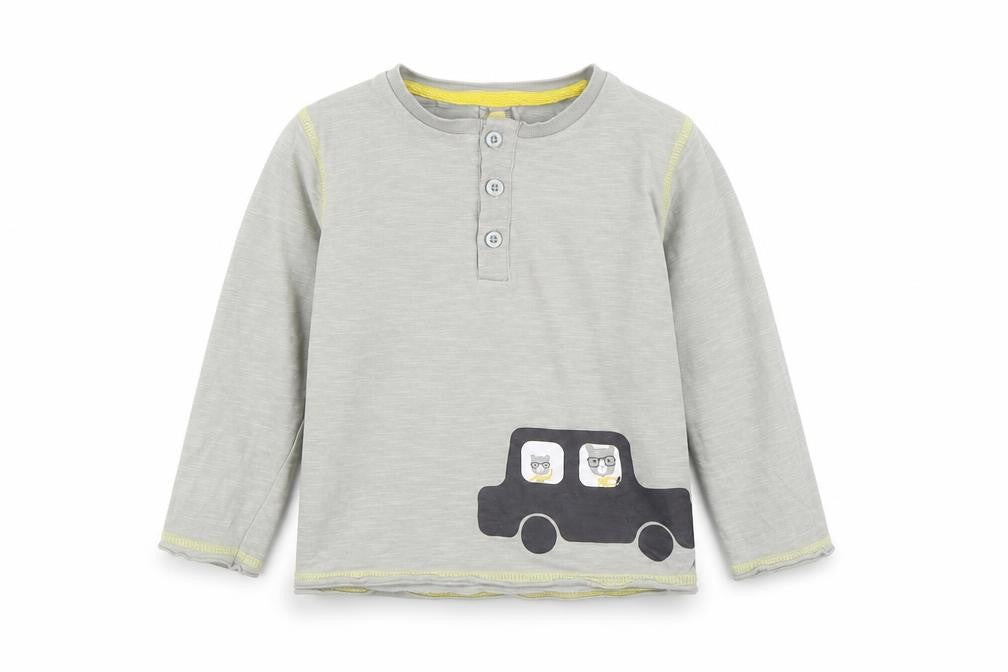 Vertbaudet Boys Grey  100% Cotton Basic T-Shirt Size 3 Years Round Neck Button - Car
