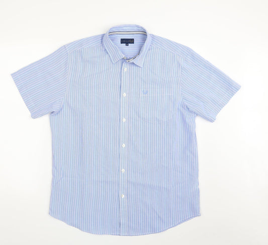 Lincoln Mens Blue Striped Polyester  Button-Up Size M Collared Button