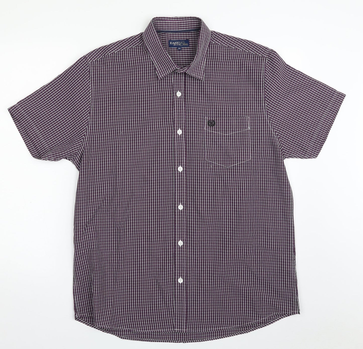 Easy Mens Purple Check Polyester  Button-Up Size M Collared Button