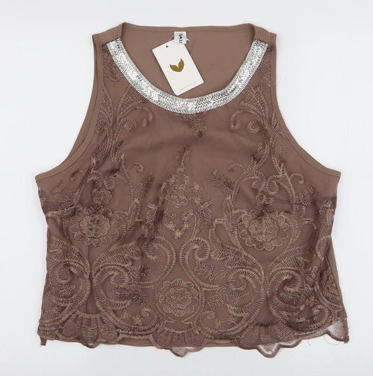 Preloved Fly Curby Womens Brown Floral Polyester Basic Blouse Size 2XL Round Neck - Front