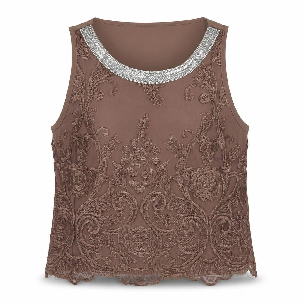 Fly Curby Womens Brown Floral Polyester Basic Blouse Size 2XL Round Neck