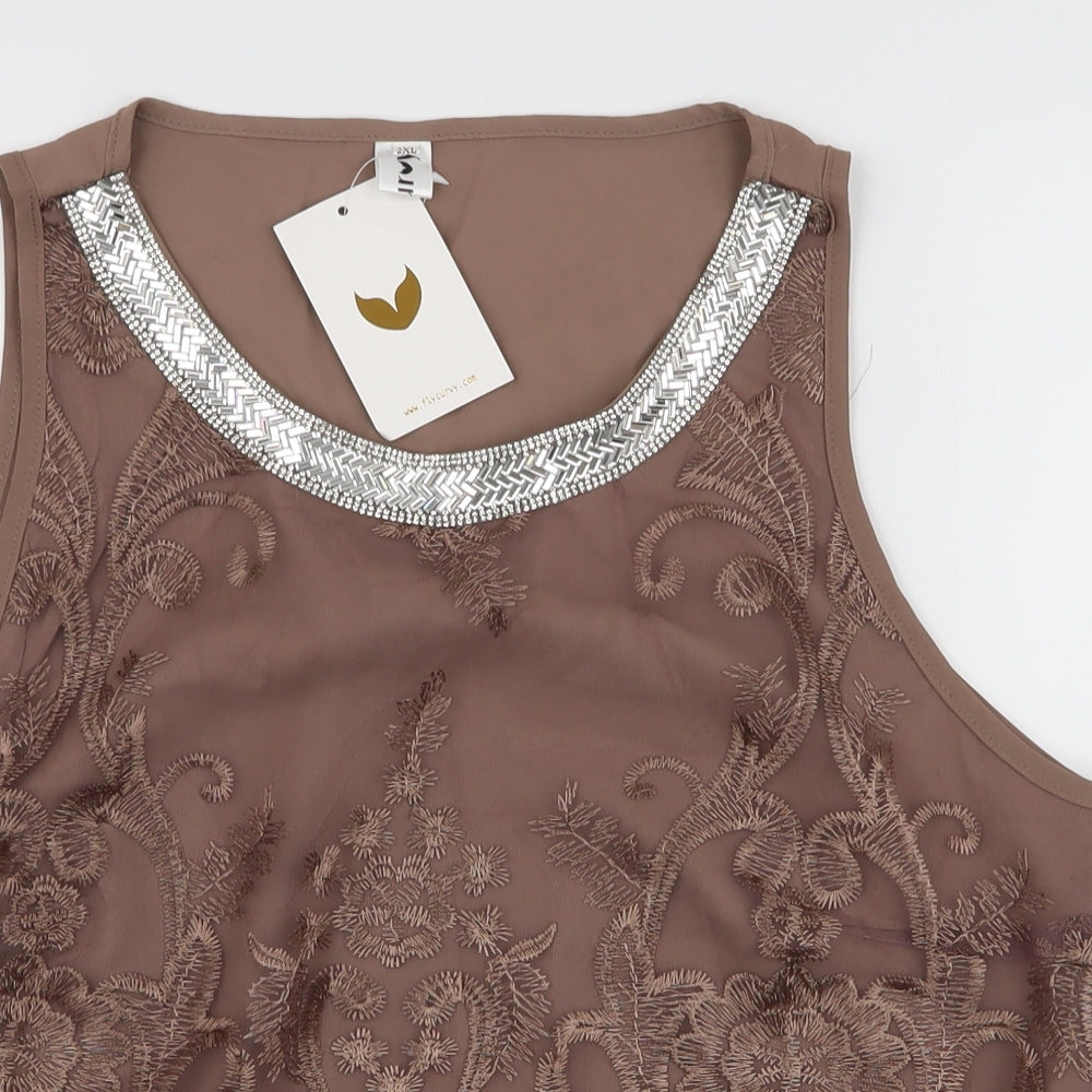 Fly Curby Womens Brown Floral Polyester Basic Blouse Size 2XL Round Neck