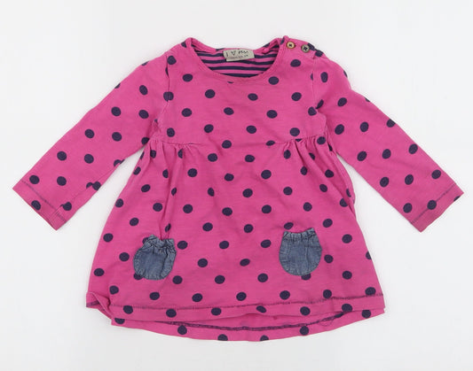 NEXT Girls Pink Polka Dot 100% Cotton Skater Dress  Size 12-18 Months  Round Neck Button