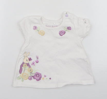 Preloved TU Girls White  Cotton Pullover T-Shirt Size 3-6 Months Round Neck Button - Peter Rabbit - Front