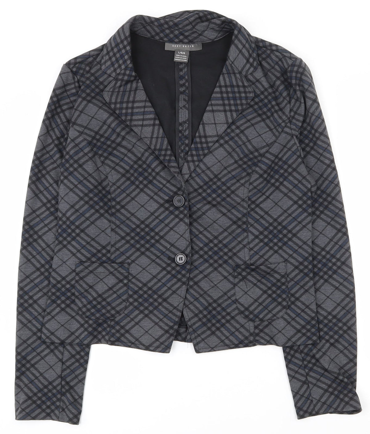 Suzy Shier Womens Grey Plaid Polyester Jacket Suit Jacket Size L