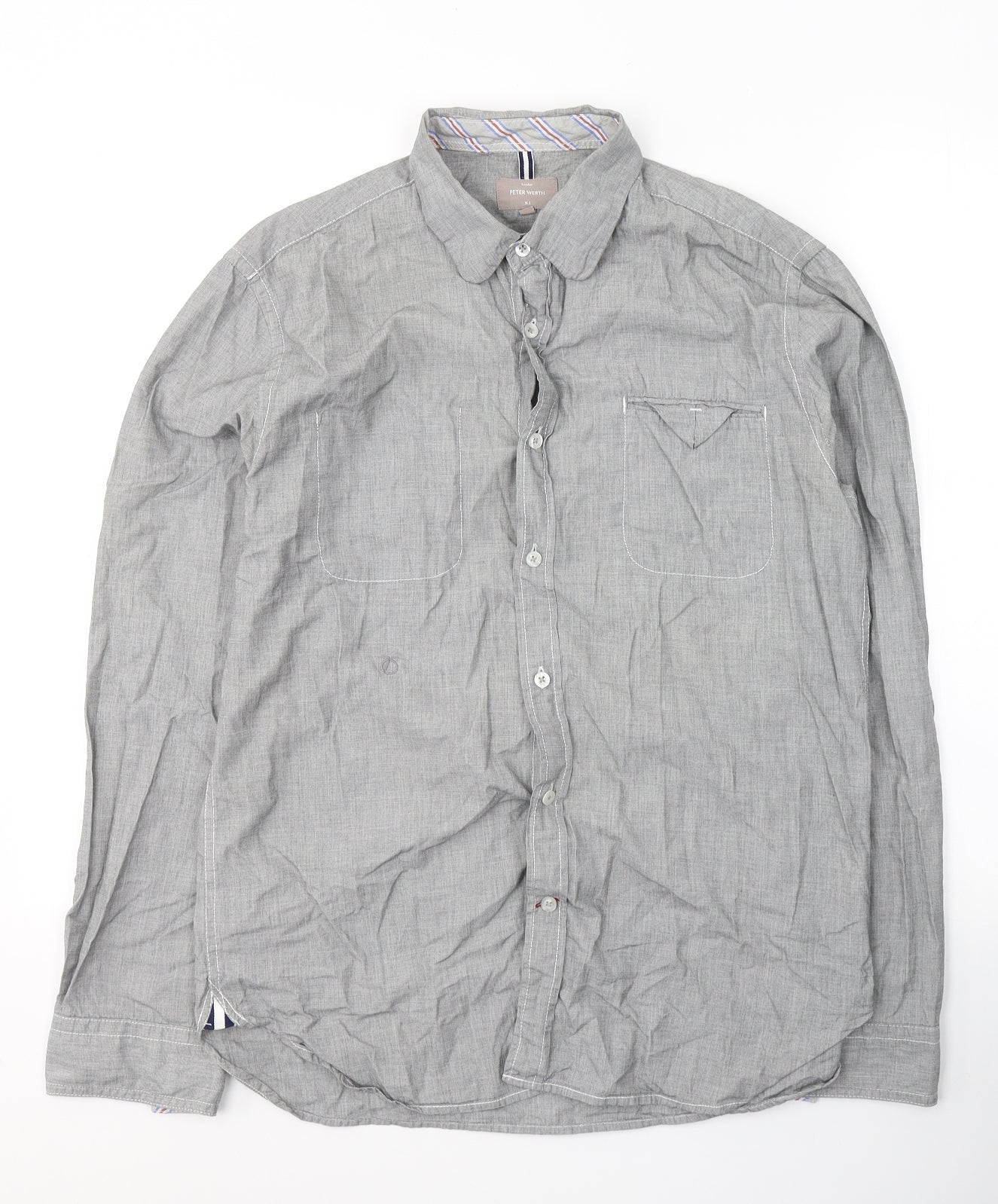 Peter Werth Mens Grey  Cotton  Button-Up Size M Collared Button