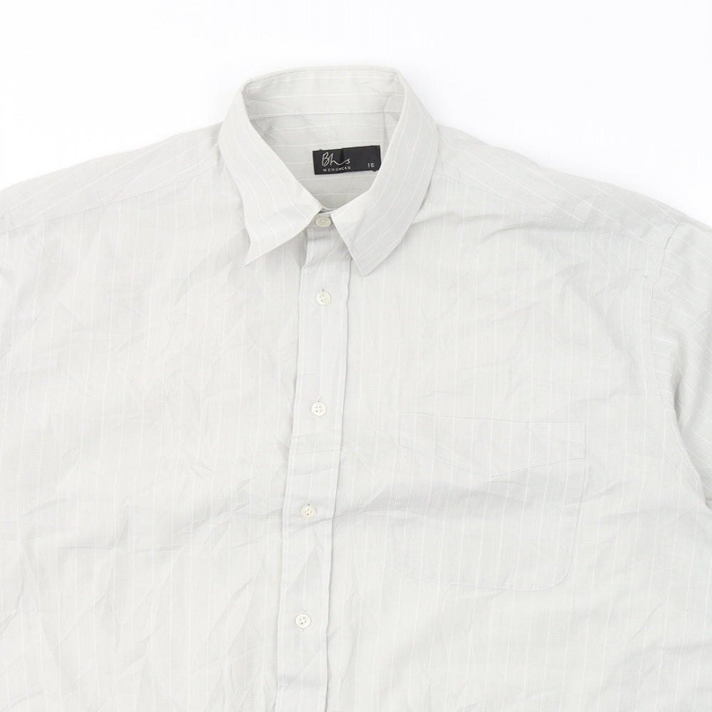 BHS Mens Grey Striped Polyester  Button-Up Size 16 Collared Button