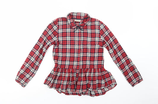 NEXT Girls Red Plaid Cotton Basic Button-Up Size 10 Years Collared Button