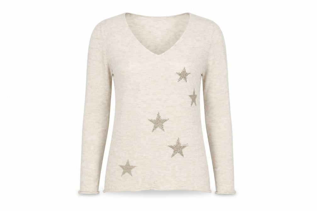 Vintage Dressing Womens Beige V-Neck  Polyester Pullover Jumper Size S   - Stars