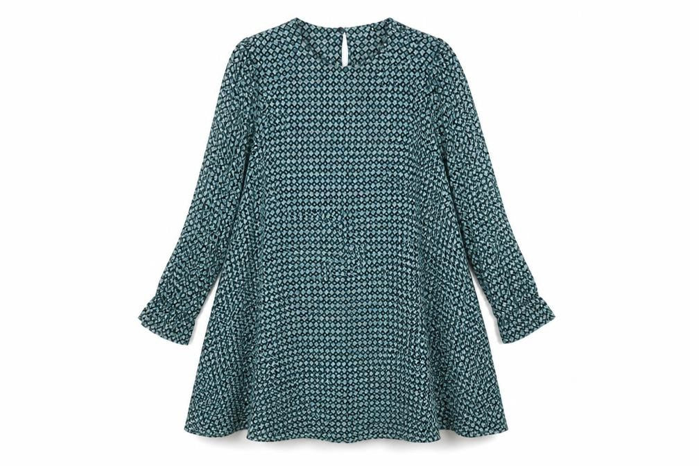 H&M Womens Green Geometric Viscose Fit & Flare  Size 10  Round Neck Button