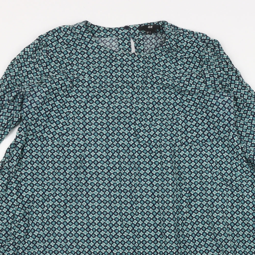 H&M Womens Green Geometric Viscose Fit & Flare  Size 10  Round Neck Button