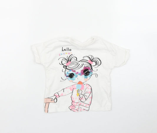 Matalan Girls White  Cotton Basic T-Shirt Size 9-12 Months Round Neck  - 'Hello Summer'