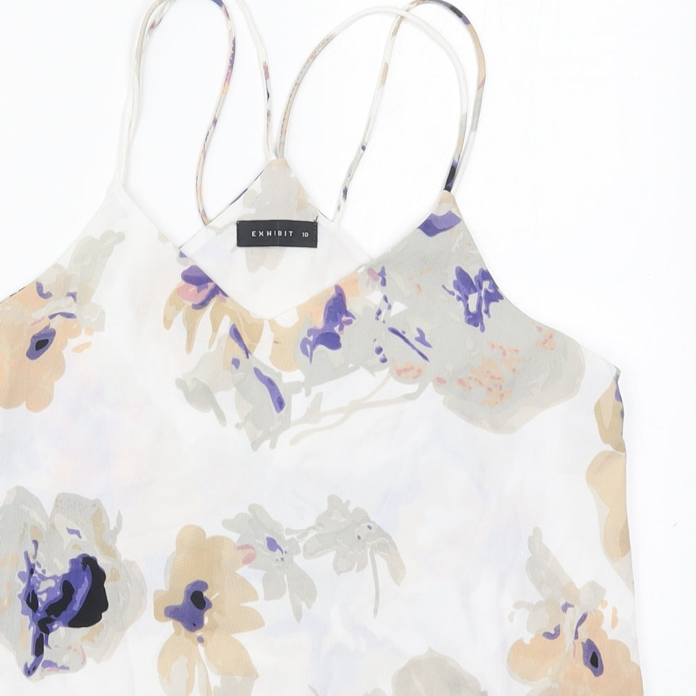 Exhibit Womens White Floral Polyester Basic Tank Size 10 V-Neck
