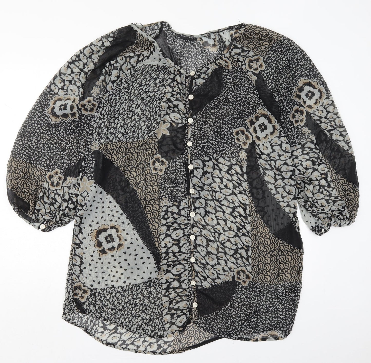 Miss Selfridge Womens Grey Animal Print Polyester Basic Button-Up Size 14 Round Neck