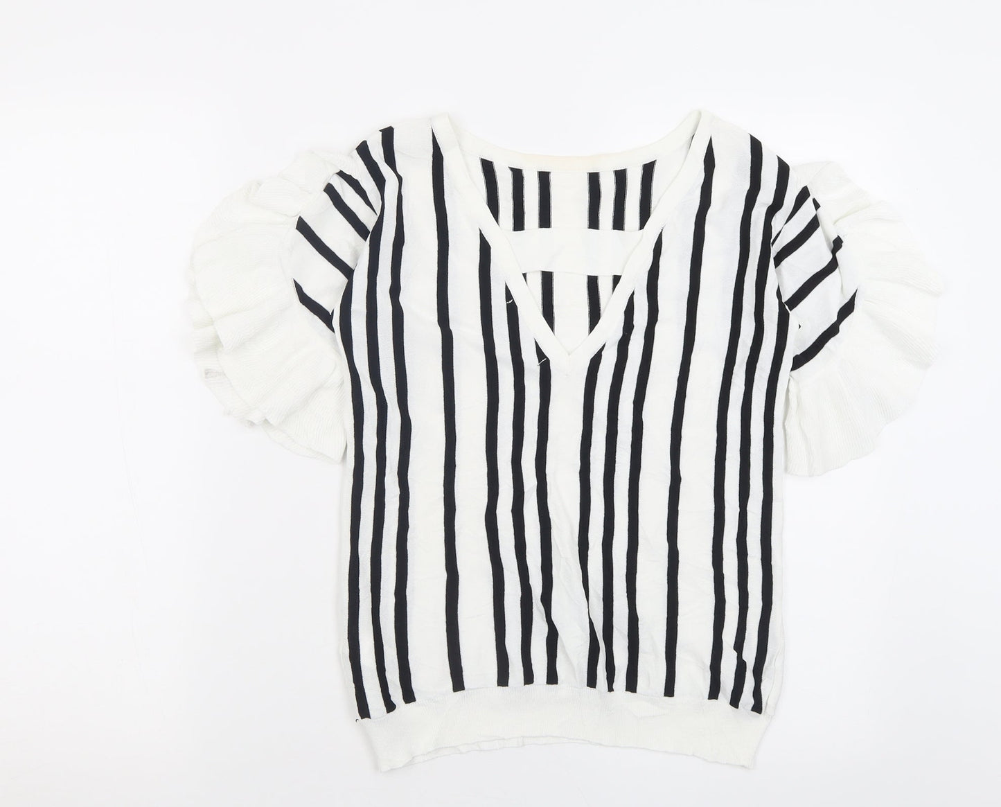 NEXT Womens White Striped Viscose Basic T-Shirt Size 8 Crew Neck