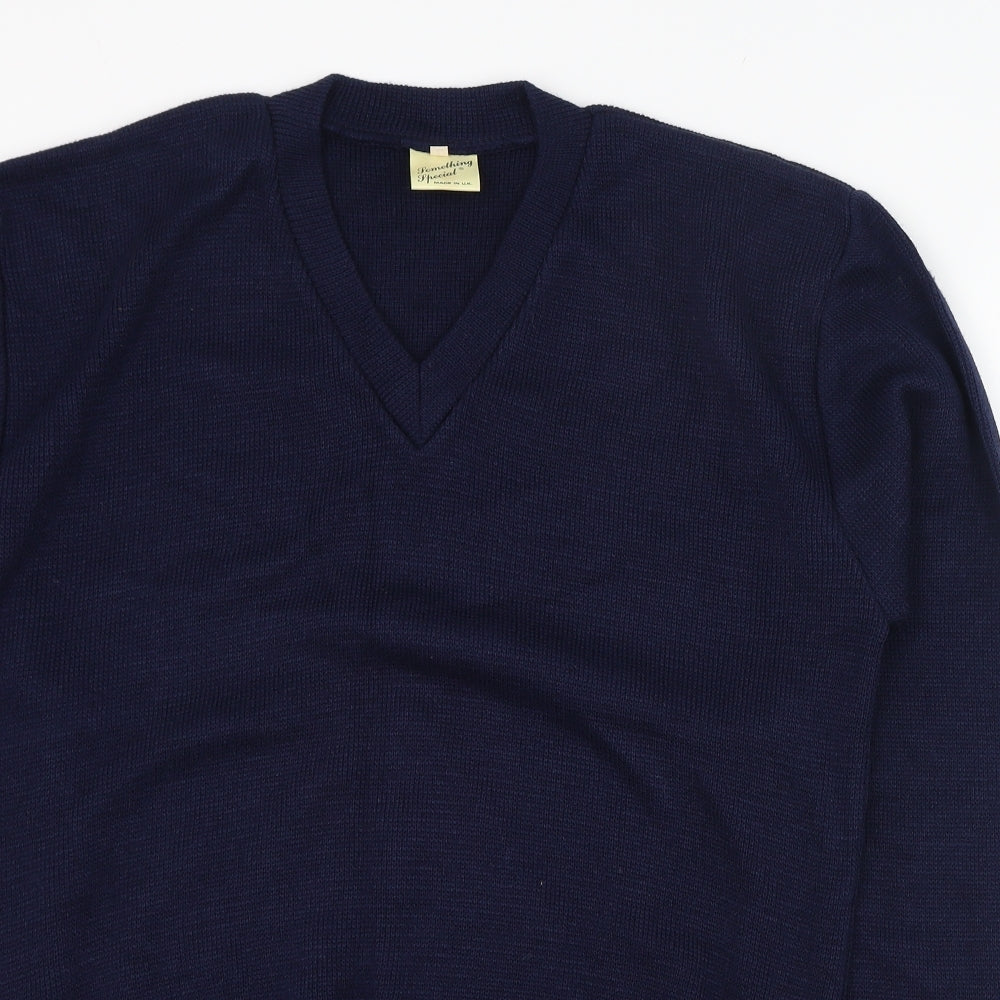 Something Special Mens Blue V-Neck  Acrylic Pullover Jumper Size L