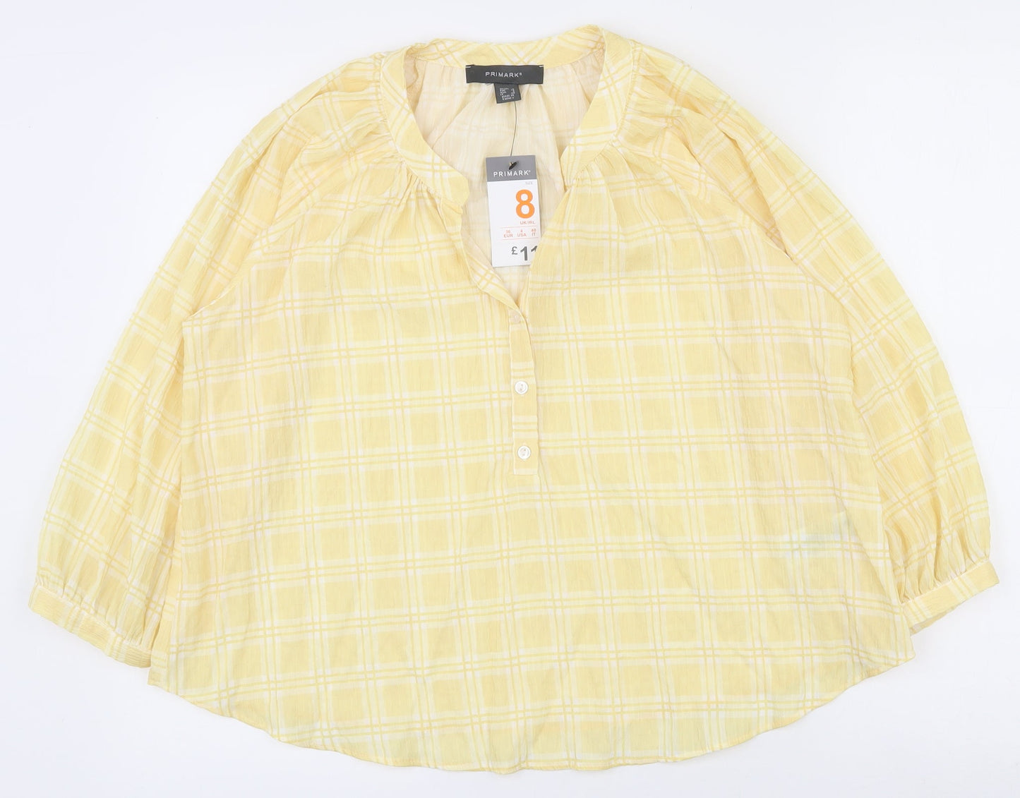 Primark Womens White Plaid Polyester Basic Blouse Size 8 Round Neck
