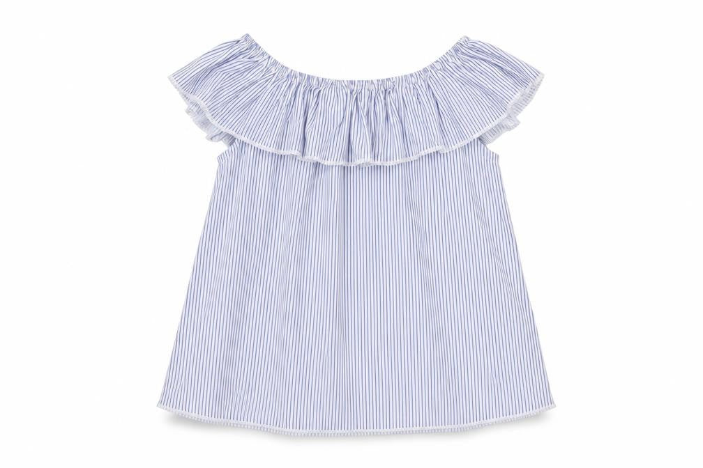 Dunnes Stores Girls Blue Striped Polyester Basic Casual Size 9-10 Years Off the Shoulder