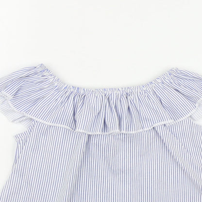 Dunnes Girls Blue Striped Polyester Basic Casual Size 9-10 Years Off the Shoulder