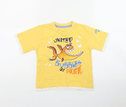 Dunnes Stores Boys Yellow  Cotton Basic T-Shirt Size 3-4 Years Round Neck  - Fish