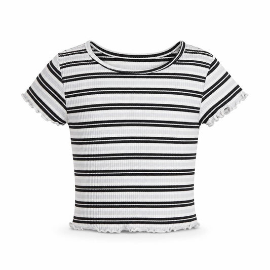 Primark Girls Grey Striped Polyester Basic T-Shirt Size 7-8 Years Round Neck