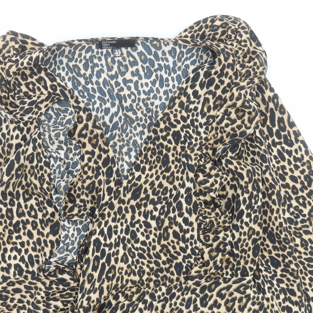 Friends like these Womens Brown Animal Print Polyester Basic Blouse Size 12 V-Neck