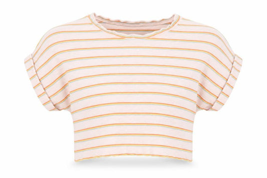 Primark Womens Pink Striped Cotton Cropped T-Shirt Size 6 Round Neck