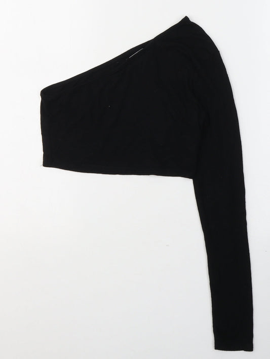 PRETTYLITTLETHING Womens Black  Viscose Cropped Blouse Size 6 One Shoulder
