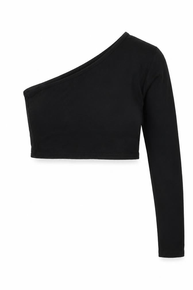 PRETTYLITTLETHING Womens Black  Viscose Cropped Blouse Size 6 One Shoulder