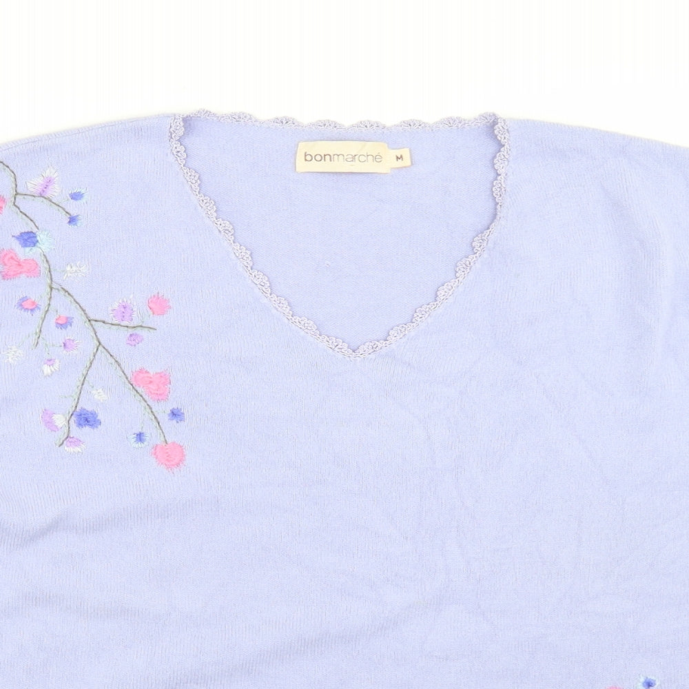 Bonmarché Womens Purple V-Neck  Acrylic Pullover Jumper Size M   - Flower Detail