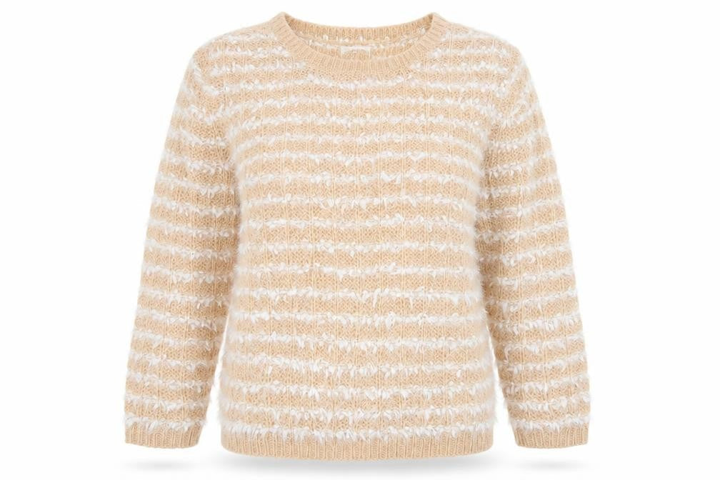 Savida Womens Beige Crew Neck Striped Acrylic Pullover Jumper Size S