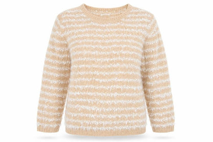 Savida Womens Beige Crew Neck Striped Acrylic Pullover Jumper Size S
