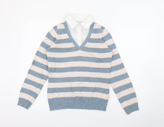 Marks and Spencer Womens Beige Collared Striped Cotton Pullover Jumper Size 10