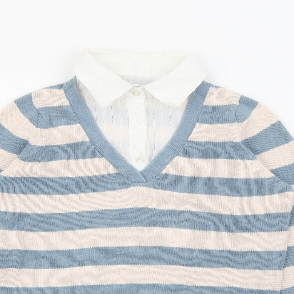 Marks and Spencer Womens Beige Collared Striped Cotton Pullover Jumper Size 10