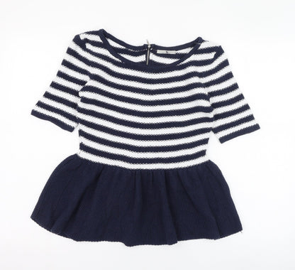 Tu Womens Blue Round Neck Striped Acrylic Pullover Jumper Size 12