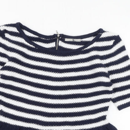 Tu Womens Blue Round Neck Striped Acrylic Pullover Jumper Size 12