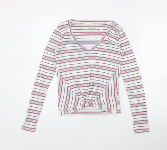 Hollister Womens Pink Striped Cotton Basic T-Shirt Size S V-Neck
