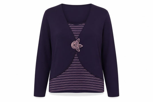 Roman Womens Purple Scoop Neck Striped Viscose Pullover Jumper Size XL