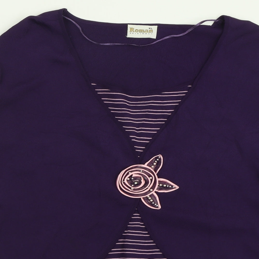 Roman Womens Purple Scoop Neck Striped Viscose Pullover Jumper Size XL