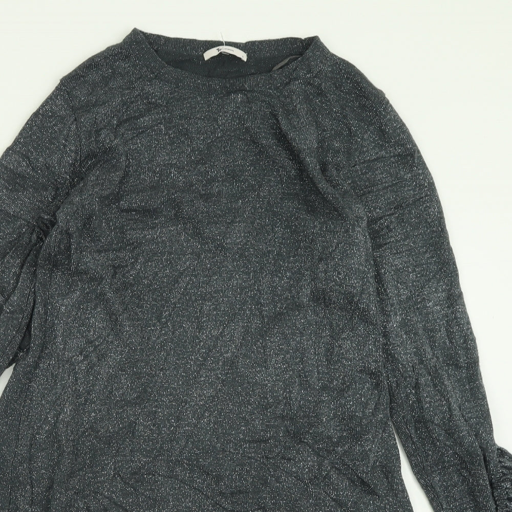 TU Womens Silver  Acrylic Tunic T-Shirt Size 8 Crew Neck - Frill sleeve