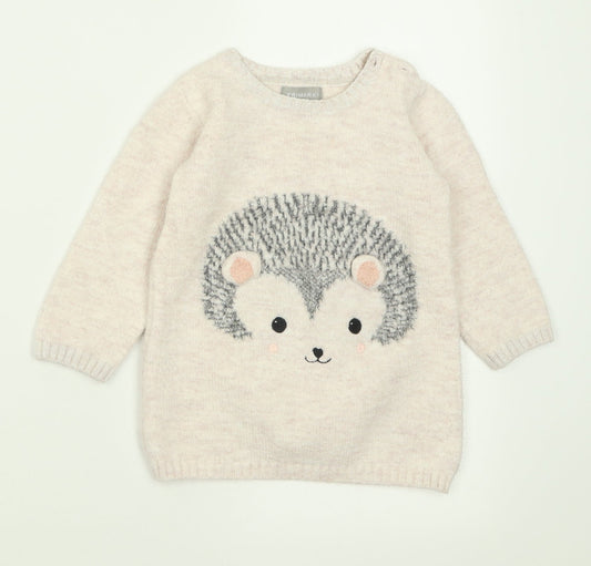 Primark Girls Pink  Acrylic Jumper Dress  Size 18-24 Months  Crew Neck Button - Hedgehog
