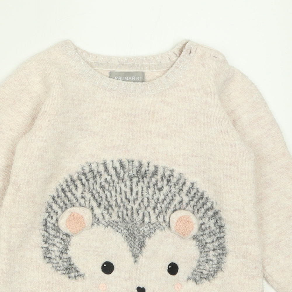 Primark Girls Pink  Acrylic Jumper Dress  Size 18-24 Months  Crew Neck Button - Hedgehog